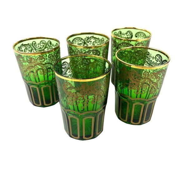 Vintage Green Juice Glasses Vintage Blown Glass Set of 5 6oz MCM Kitchen Home - Picture 1 of 8